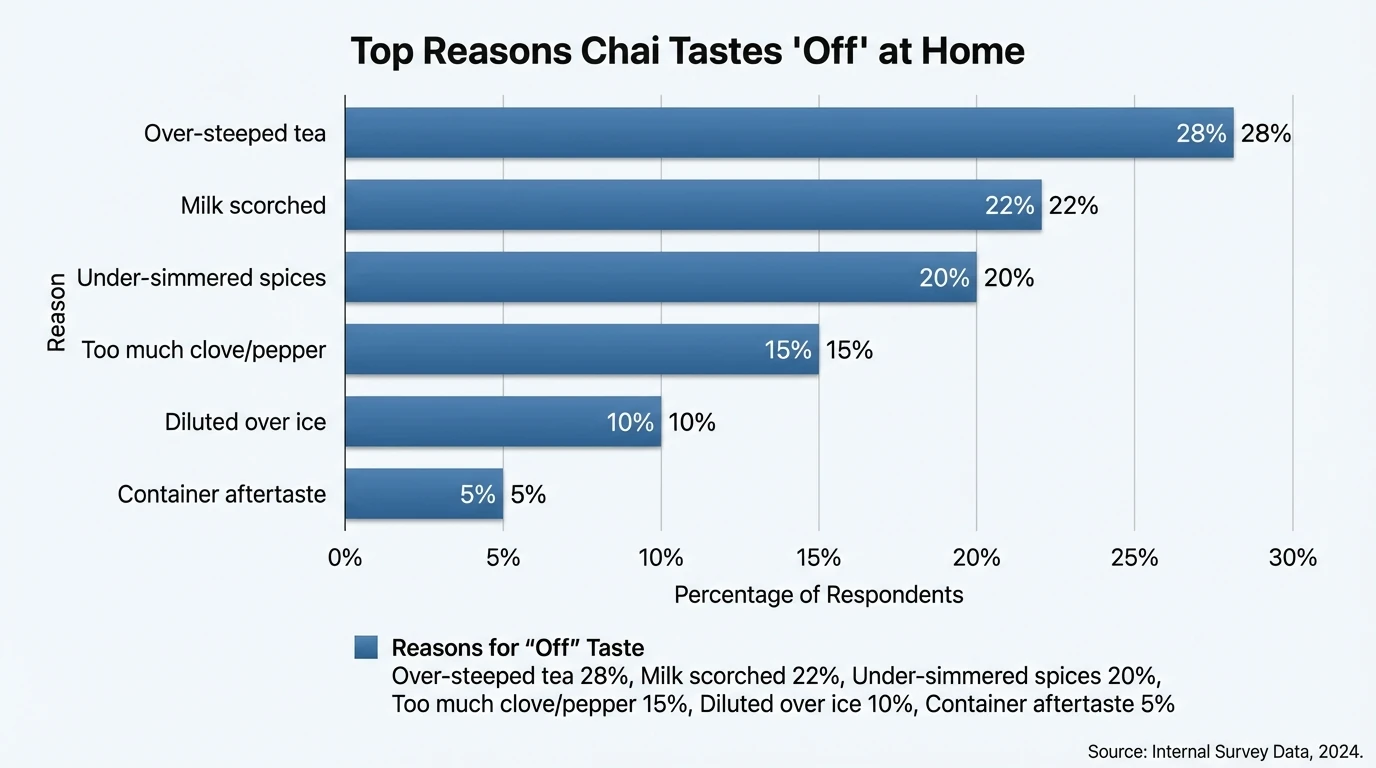 Bar chart showing “Top reasons chai tastes ‘off’ at home” with sample data: Over-steeped tea 28%, Milk scorched 22%, Under-simmered spices 20%, Too much clove/pepper 15%, Diluted over ice 10%, Container aftertaste 5%