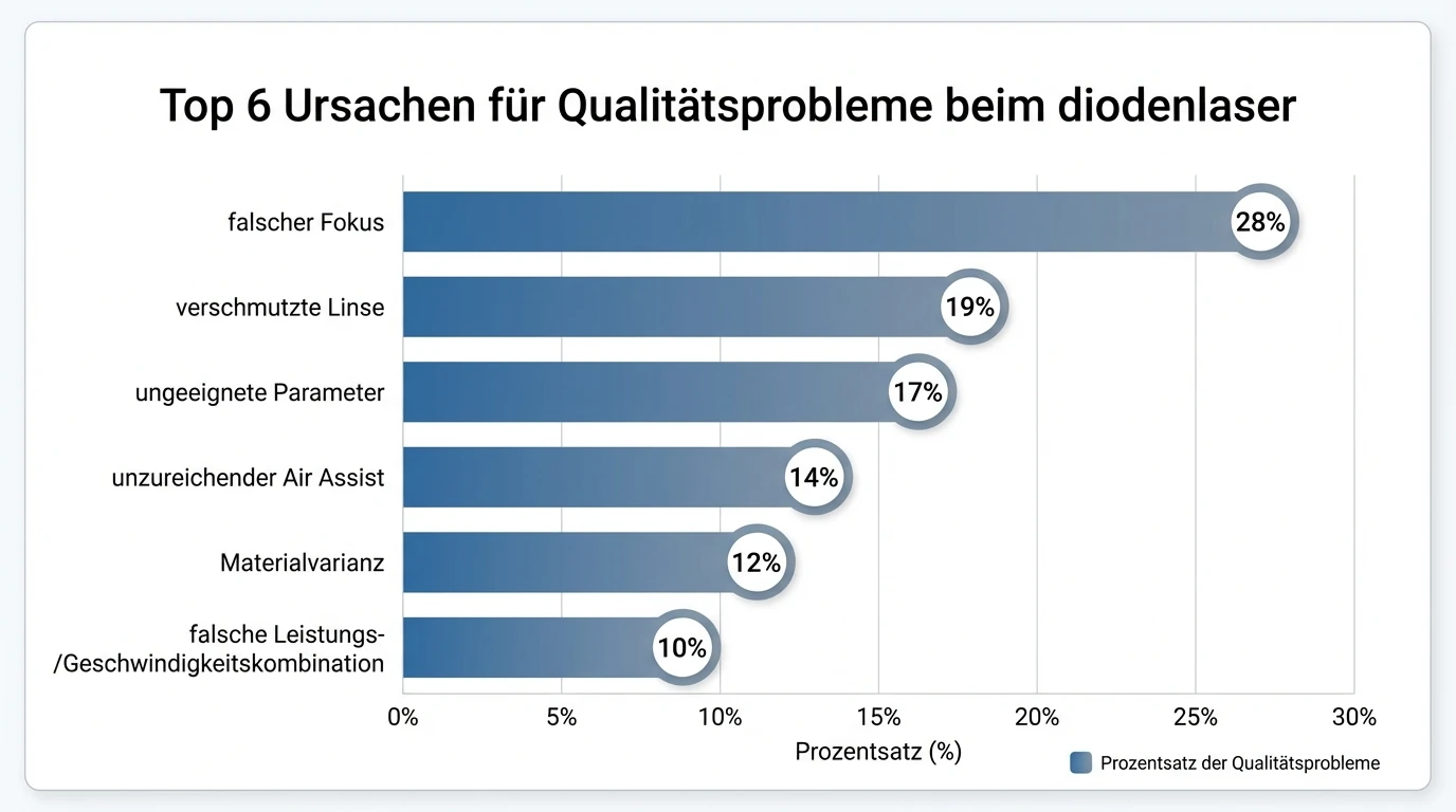Balkendiagramm mit Datenbeschreibung „Top 6 Ursachen für Qualitätsprobleme beim diodenlaser“; Beispielwerte: falscher Fokus 28%, verschmutzte Linse 19%, ungeeignete Parameter 17%, unzureichender Air Assist 14%, Materialvarianz 12%, falsche Leistungs-/Geschwindigkeitskombination 10%