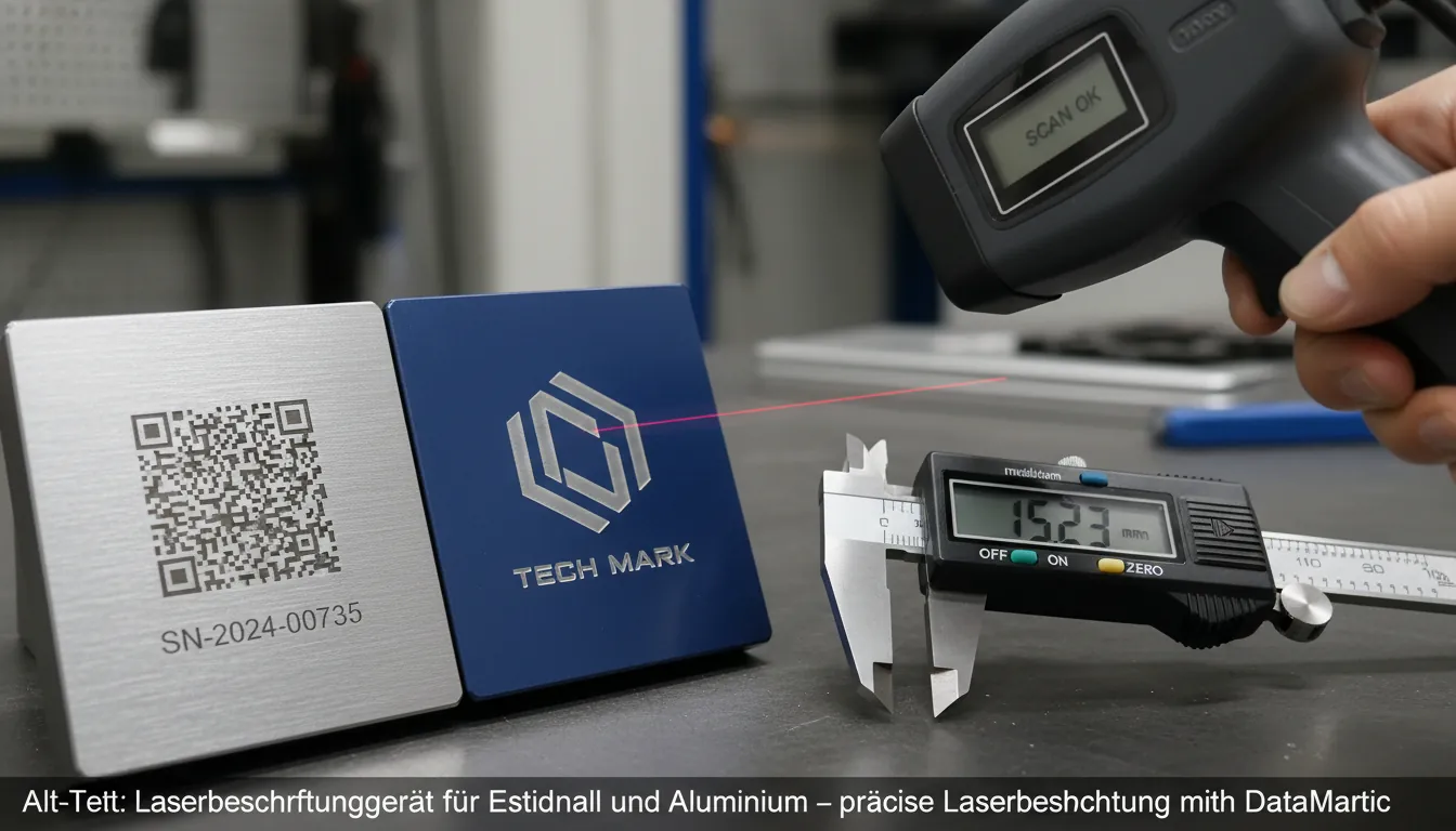 16:9 Nahaufnahme eines präzise gelaserten DataMatrix-Codes und einer Seriennummer auf Edelstahl sowie eines Logos auf eloxiertem Aluminium; daneben Messschieber und Scan-Test am Handscanner; Alt-Text: Laserbeschriftungsgerät für Edelstahl und Aluminium – präzise Laserbeschriftung mit DataMatrix