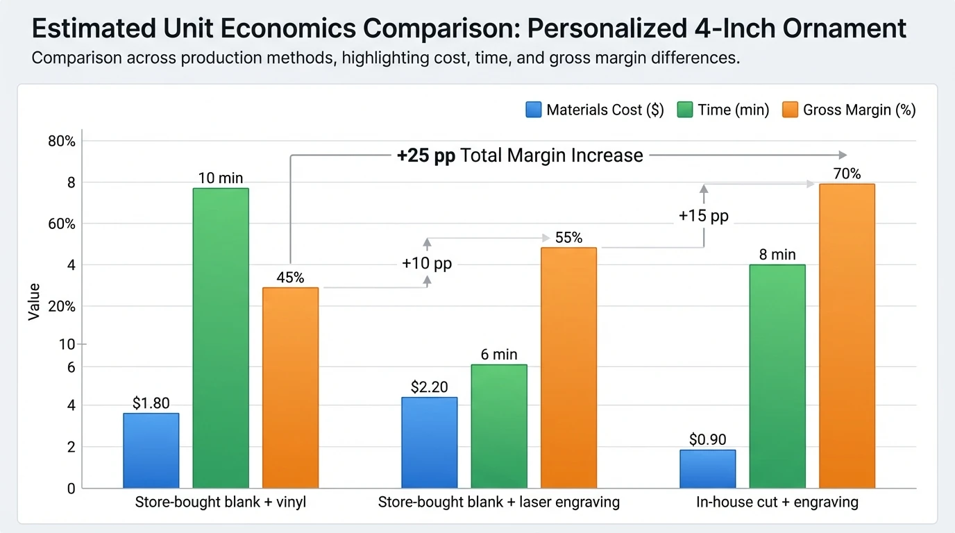Bar chart comparing estimated unit economics for a personalized 4-inch ornament; bars for “Store-bought blank + vinyl” (materials $1.80, time 10 min, gross margin 45%), “Store-bought blank + laser engraving” (materials $2.20, time 6 min, gross margin 55%), “In-house cut + engraving” (materials $0.90, time 8 min, gross margin 70%); show margin differences