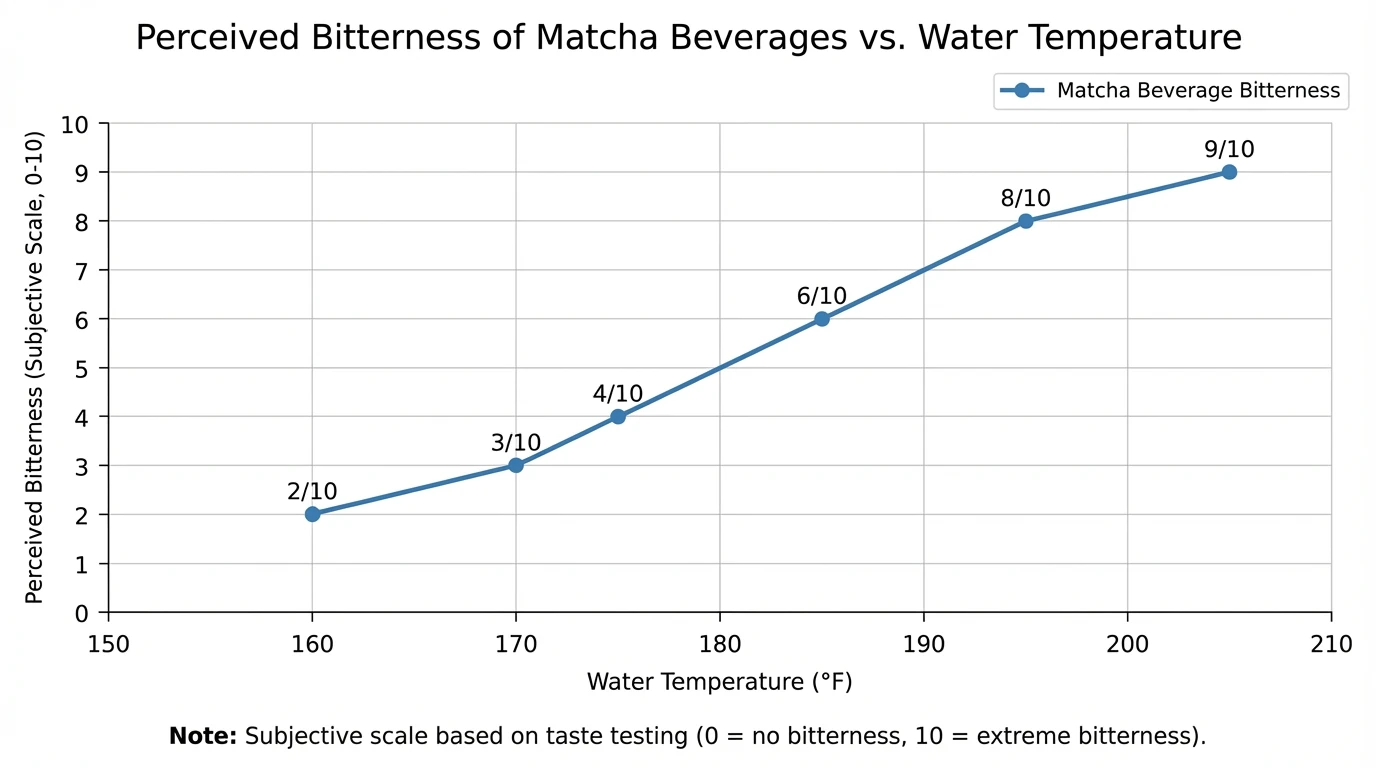 Line chart showing “Perceived bitterness” vs. “Water temperature (°F)” for matcha beverages; data points: 160°F=2/10, 170°F=3/10, 175°F=4/10, 185°F=6/10, 195°F=8/10, 205°F=9/10; note: subjective scale based on taste testing