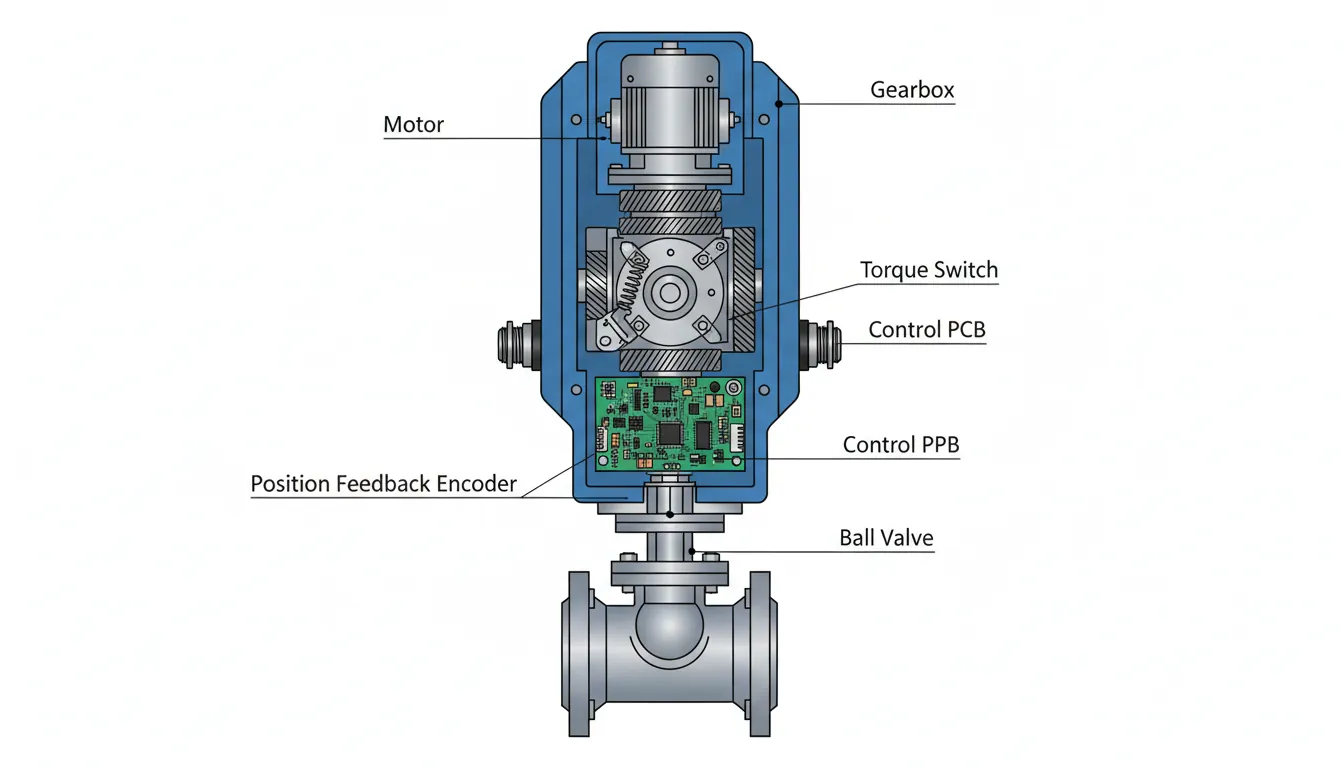 16:9 cross-section illustration of an industrial electric valve actuator mounted on a ball valve, showing motor, gearbox, torque switch, control PCB, position feedback encoder, cable glands; clean technical style; alt text: define actuators electric valve actuator industrial automation