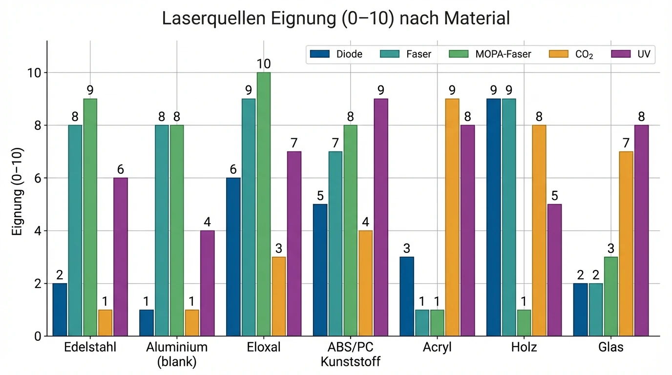 Balkendiagramm mit Datenbeschreibung „Eignung (0–10) nach Material“ für Laserquellen; Kategorien: Edelstahl, Aluminium (blank), Eloxal, ABS/PC Kunststoff, Acryl, Holz, Glas. Beispielwerte: Diode (Edelstahl 2, Alu blank 1, Eloxal 6, ABS/PC 5, Acryl 3, Holz 9, Glas 2); Faser (8, 8, 9, 7, 1, 1, 2); MOPA-Faser (9, 8, 10, 8, 1, 1, 3); CO₂ (1, 1, 3, 4, 9, 8, 7); UV (6, 4, 7, 9, 8, 5, 8)