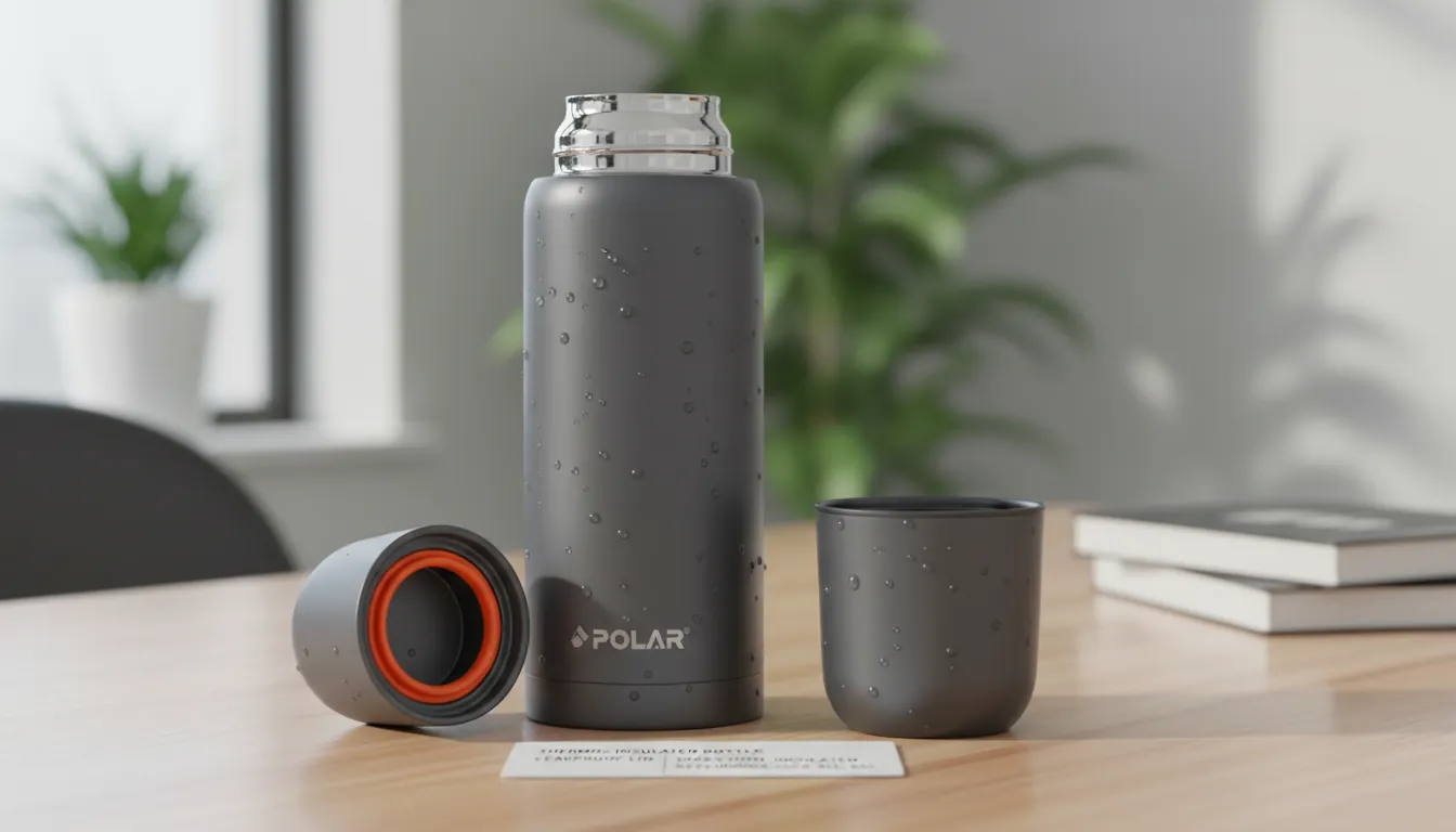 16:9 close-up product shot of an insulated thermos-style bottle and matching cup on a wooden desk; visible lid gasket detail, condensation on cold bottle, clean minimal lighting; alt text: thermos insulated bottle leakproof lid vacuum insulated keeps drinks cold all day