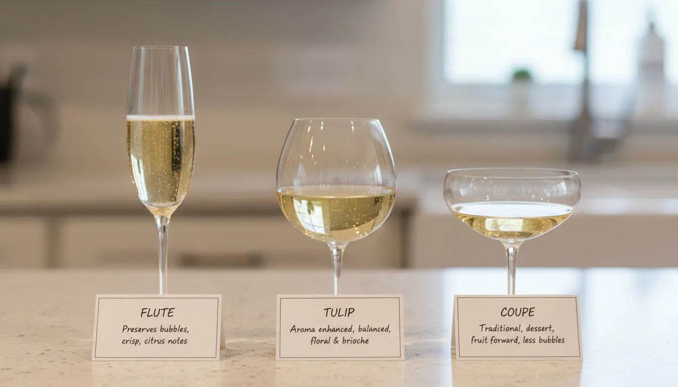 16:9 side-by-side lineup of champagne flute, tulip champagne glass, and coupe on a neutral countertop with tasting notes cards; shallow depth of field; alt text: best champagne glasses flute vs tulip vs coupe for champagne