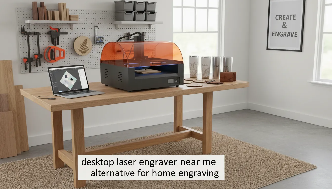A home workshop scene with a desktop laser engraver on a sturdy table, a laptop showing design software, various engraved wood coasters, tumblers, and leather wallets neatly arranged; bright, clean, modern style; alt text: "desktop laser engraver near me alternative for home engraving"