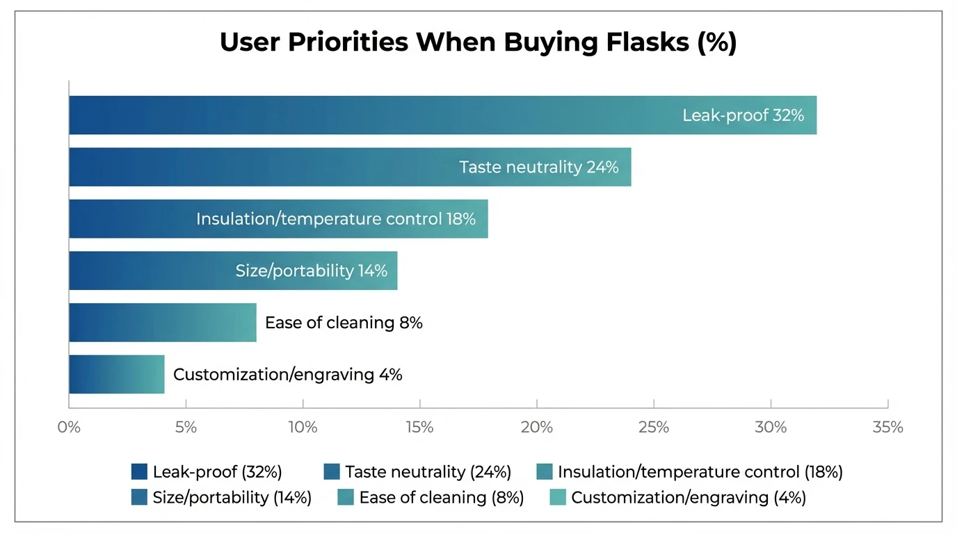 Bar chart showing “User priorities when buying flasks (%)” with data: Leak-proof 32%, Taste neutrality 24%, Insulation/temperature control 18%, Size/portability 14%, Ease of cleaning 8%, Customization/engraving 4%