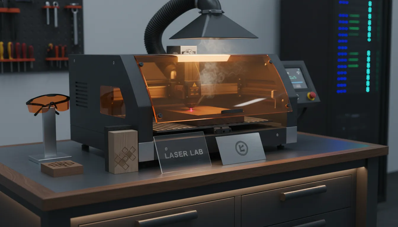 16:9 Foto einer modernen Werkbank mit Lasergravierer im Betrieb, sichtbarer Laserpunkt/Arbeitsbereich hinter Schutzscheibe, Materialproben (Holz, Acryl, Edelstahl), Sicherheitsbrille und Absaugung; Alt-Text: Laser-Technologie für Lasergravur und Laserschneiden mit sicherem Arbeitsplatz