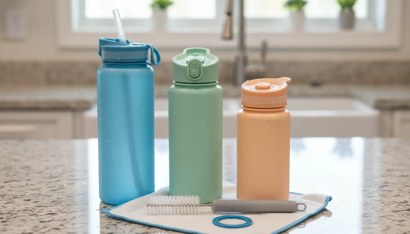 16:9 close-up product-style photo of reusable water bottles in multiple sizes with different lid types (straw, chug, 360 sip) arranged on a kitchen counter with cleaning brush and removable gasket shown; alt text="reusable water bottles lid types straw lid chug lid 360 sip easy to clean"