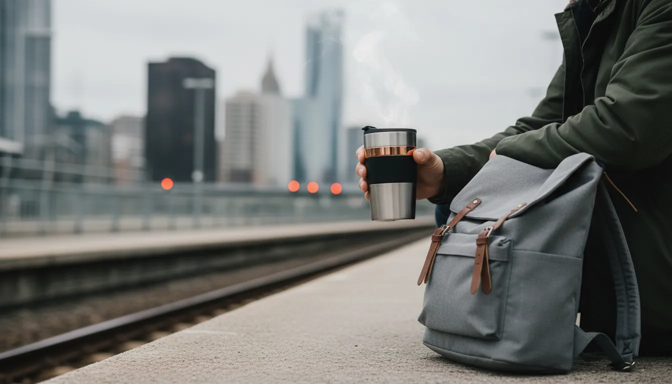 16:9 lifestyle scene of a commuter holding a sleek insulated thermos-style travel mug next to a backpack on a train platform; visible steam, muted city background, premium product styling; alt text: thermos insulated travel mug keeps coffee hot for commute