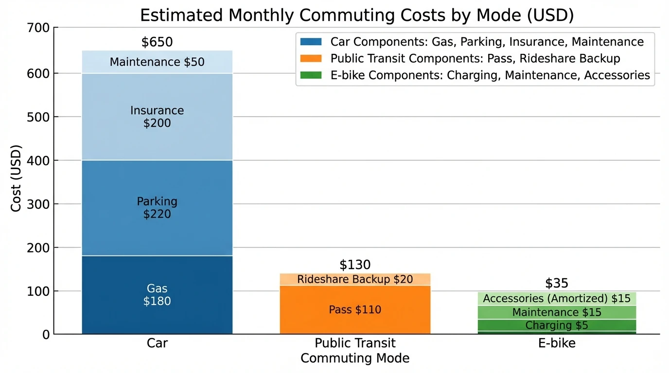 Bar chart showing estimated monthly commuting costs (USD) by mode with data: Car—$650 (gas 180, parking 220, insurance 200, maintenance 50); Public Transit—$130 (pass 110, rideshare backup 20); E-bike for commuting—$35 (charging 5, maintenance 15, accessories amortized 15)