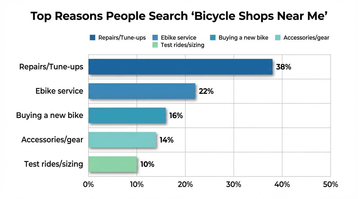 Bar chart showing “Top reasons people search ‘bicycle shops near me’” with sample data; categories and shares: Repairs/Tune-ups 38%, Ebike service 22%, Buying a new bike 16%, Accessories/gear 14%, Test rides/sizing 10%