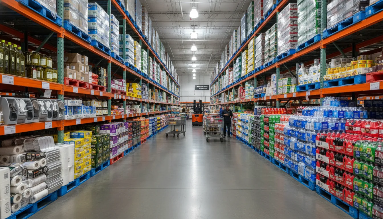 Wide-angle interior of a Costco Business Center aisle with restaurant supplies, bulk beverages, and stacked cases; 16:9 ratio; alt text: Costco Business Center bulk restaurant supplies and beverage cases