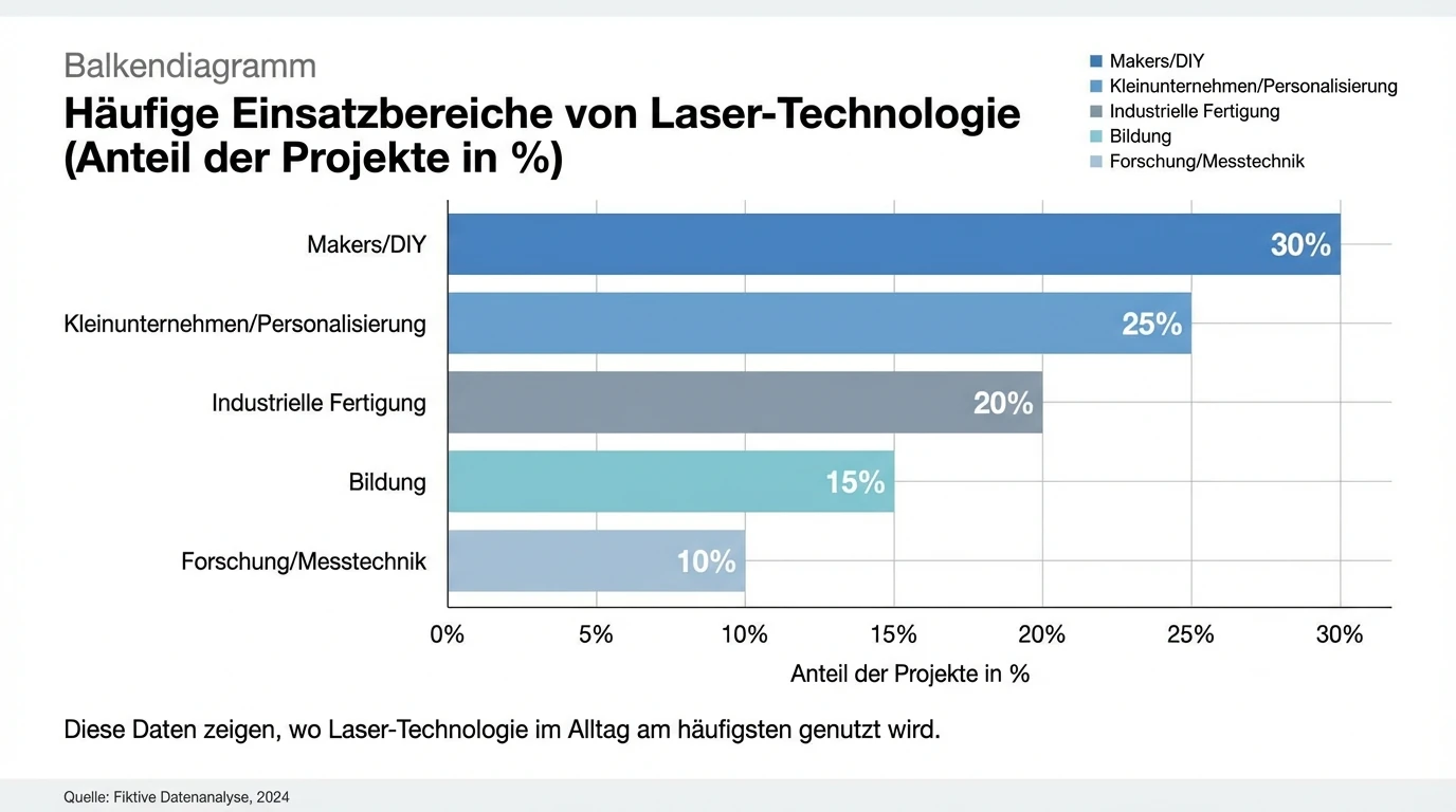 Balkendiagramm „Häufige Einsatzbereiche von Laser-Technologie (Anteil der Projekte in %)“ mit Datenbeschreibung: Makers/DIY 30%, Kleinunternehmen/Personalisierung 25%, Industrielle Fertigung 20%, Bildung 15%, Forschung/Messtechnik 10%; zeigt, wo Laser-Technologie im Alltag am häufigsten genutzt wird