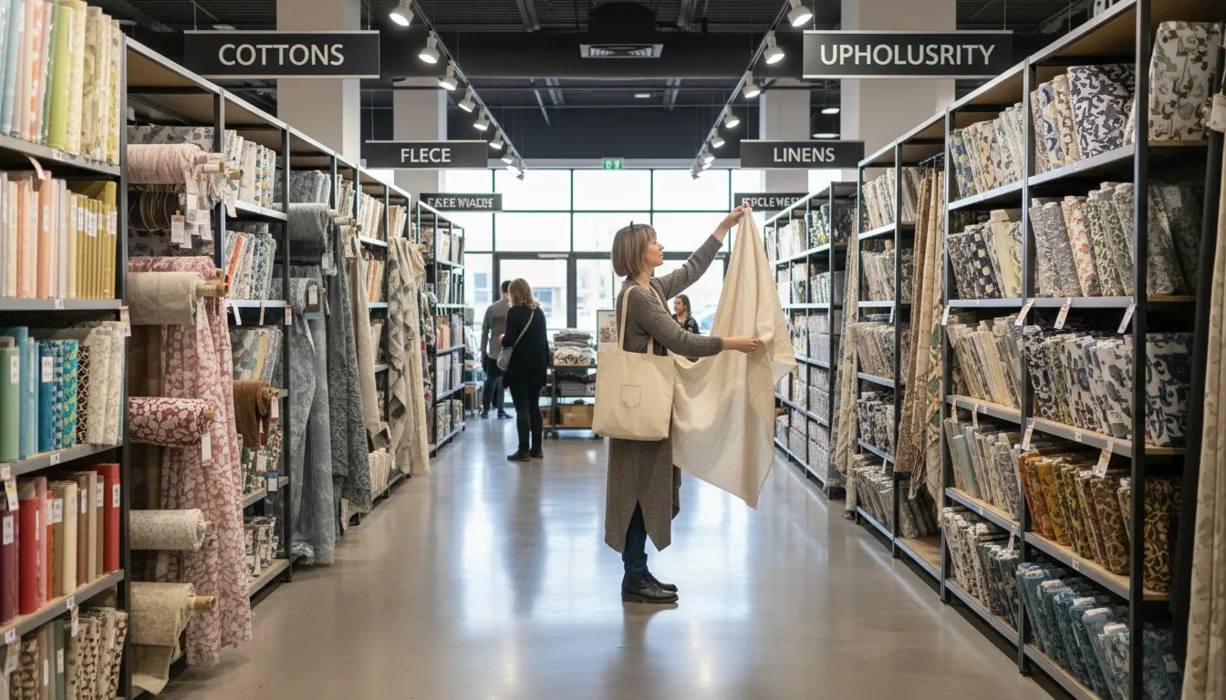 16:9 photo of a modern fabric store aisle with labeled cotton, fleece, linen, and upholstery sections; a shopper checking fabric weight and drape under bright lighting; alt text: textiles shop near me fabric store near me cotton linen upholstery