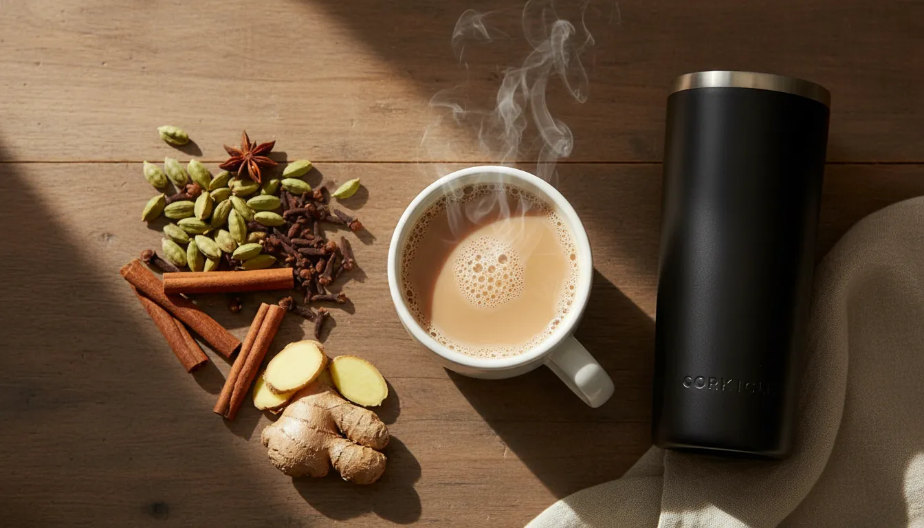 A 16:9 flat-lay of a steaming chai chai tea latte beside whole spices (cardamom pods, cinnamon sticks, cloves, ginger) and a sleek insulated Corkcicle mug; warm natural lighting; alt text: chai chai tea latte with spices in insulated mug