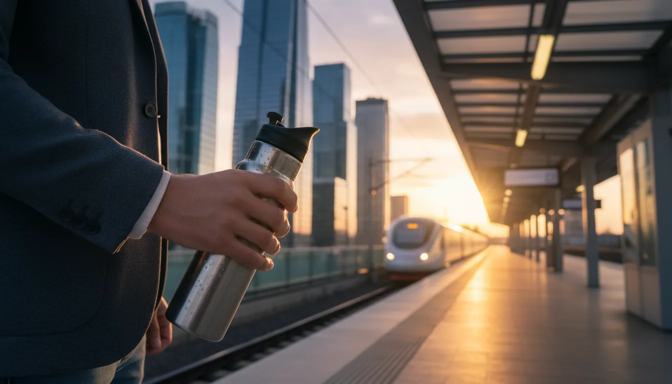 16:9 lifestyle photo of a commuter holding a sleek insulated reusable water bottle on a train platform at sunrise; condensation visible; modern city background; alt text="reusable water bottles insulated stainless steel for commuting"