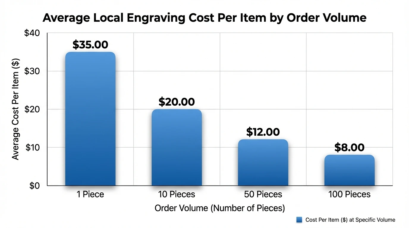 Bar chart comparing average local engraving cost per item for 1 piece, 10 pieces, 50 pieces, and 100 pieces, showing price per item dropping as volume increases (e.g., $35 → $20 → $12 → $8)