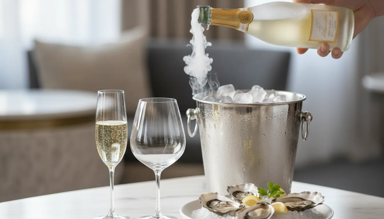 16:9 close-up of chilled champagne bottle being opened over an ice bucket with visible condensation, two glasses in foreground (flute and tulip) and small plate of oysters; bright, premium lifestyle lighting; alt text: champagne serving temperature and champagne glasses guide