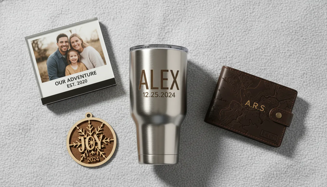 16:9 flat lay of finished personalized gift set including engraved stainless tumbler, laser-engraved leather wallet, acrylic photo plaque, and wooden ornament; neutral background, soft shadows, close-up detail of crisp engraving; alt text: personalized gift ideas custom engraved gifts laser engraved tumbler acrylic photo plaque