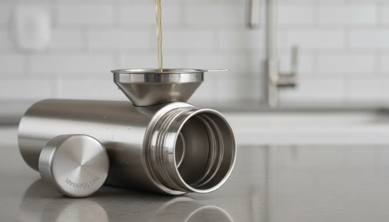 16:9 close-up product shot of a premium flask being filled with a funnel on a kitchen counter; emphasis on wide mouth opening, leak-proof cap threads, and clean pour; alt text: flasks leak proof cap wide mouth easy fill insulated flask