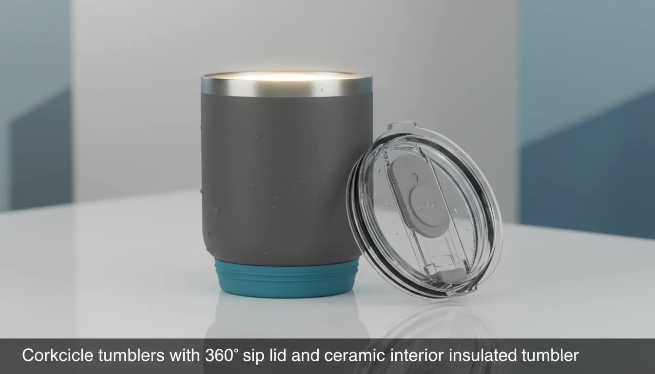 16:9 close-up product-style shot of a Corkcicle tumbler with a 360° sip lid, ceramic-lined interior visible, and silicone base highlighted; alt text: Corkcicle tumblers with 360 sip lid and ceramic interior insulated tumbler