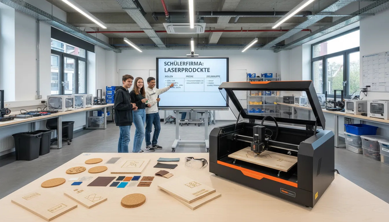 16:9 Foto im modernen Klassenraum-Makerspace: Schülerteam plant eine Schülerfirma am Whiteboard (Rollen, Preise, Zielgruppe), im Vordergrund ein Lasergravierer und Materialmuster; alt="Schülerfirma gründen: Team plant Produktideen mit Lasergravur und Schulprojekt"