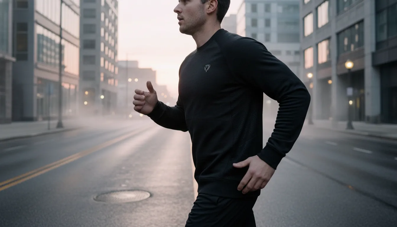 Runner wearing a technical black sweatshirt at dawn on an empty city street; visible fabric texture and micro-venting panels; minimal branding; 16:9 composition with soft side light; alt text: technical running sweatshirts for men and women, breathable sweatshirt layering