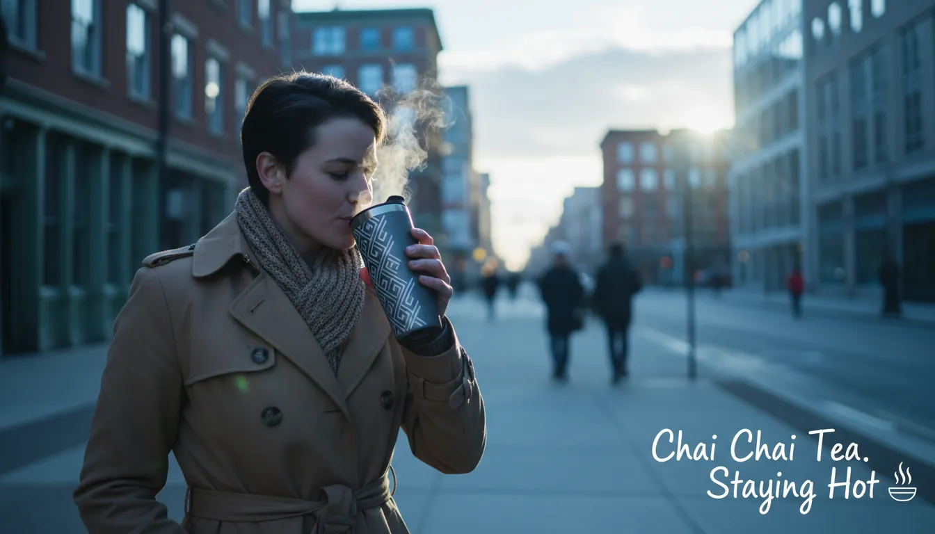 A 16:9 lifestyle shot of a commuter holding a Corkcicle-style insulated commuter cup with visible steam in cool morning light; city sidewalk background; alt text: chai chai tea staying hot in insulated commuter cup for commute