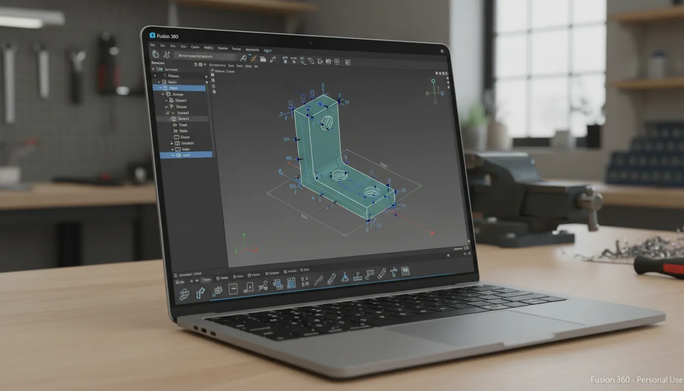 16:9 screenshot-style hero image of Autodesk Fusion interface on a laptop showing a simple mechanical part (bracket) with timeline, browser tree, and sketch constraints visible; clean workshop background; alt text: "Fusion360 free personal use interface CAD modeling"