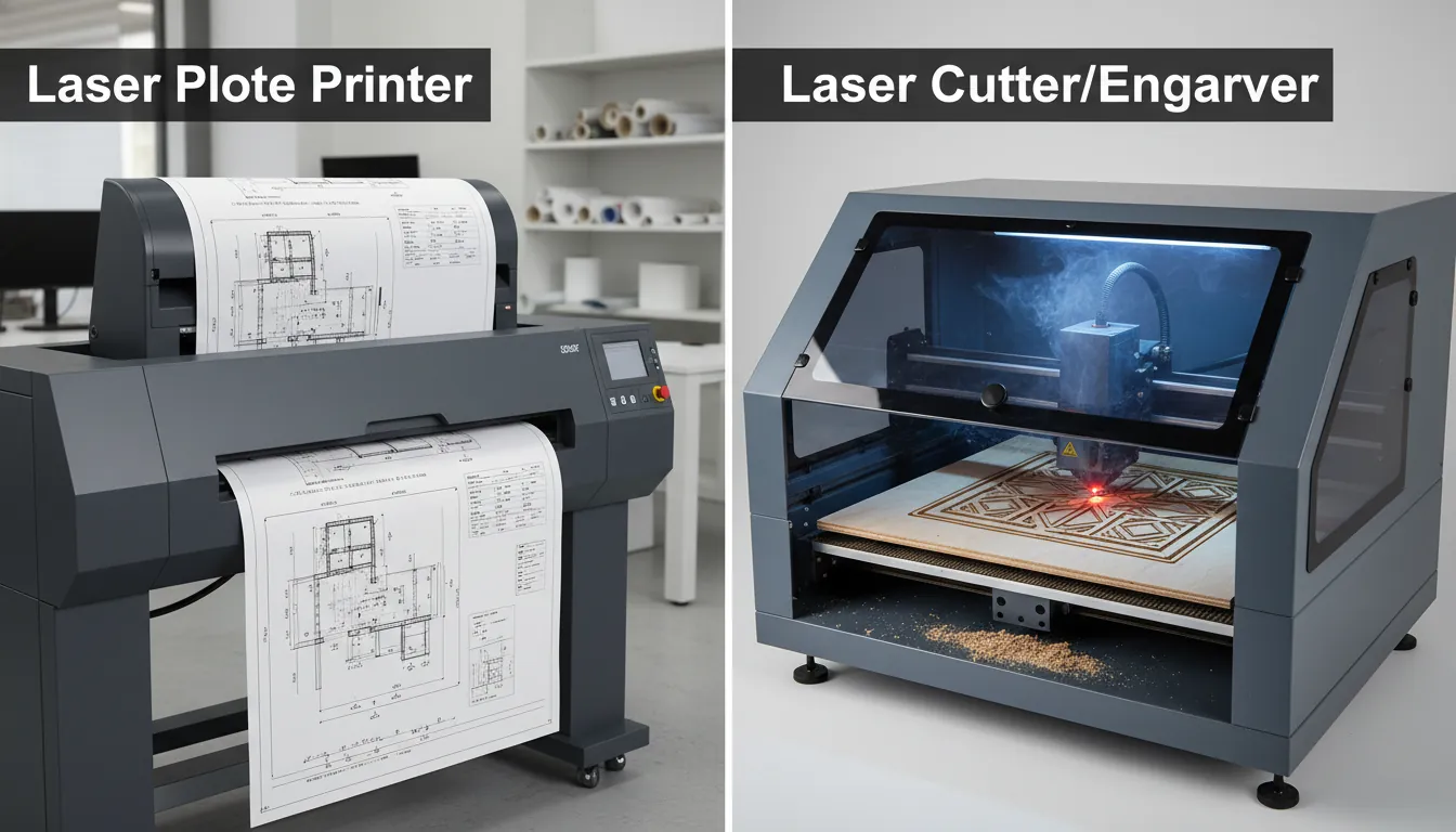A split-scene 16:9 visual showing (left) an office wide-format laser plotter printer outputting CAD drawings and (right) a desktop laser cutter/engraver cutting plywood; clean studio lighting; overlay labels “Laser Plotter Printer” and “Laser Cutter/Engraver”; alt text: laser plotter, laser plotter printer, laser plotter machine