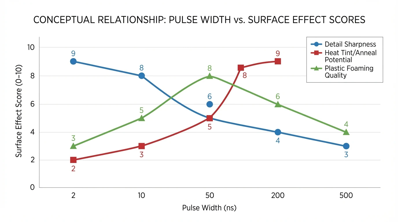 Line chart showing conceptual relationship between pulse width (x-axis: 2 ns, 10 ns, 50 ns, 200 ns, 500 ns) and surface effect score (y-axis 0–10) across three lines: Detail Sharpness (higher at shorter pulses), Heat Tint/Anneal Potential (higher at longer pulses), Plastic Foaming Quality (peaks mid-range). Data described as: Sharpness scores 9,8,6,4,3; Anneal scores 2,3,5,8,9; Foaming scores 3,5,8,6,4.