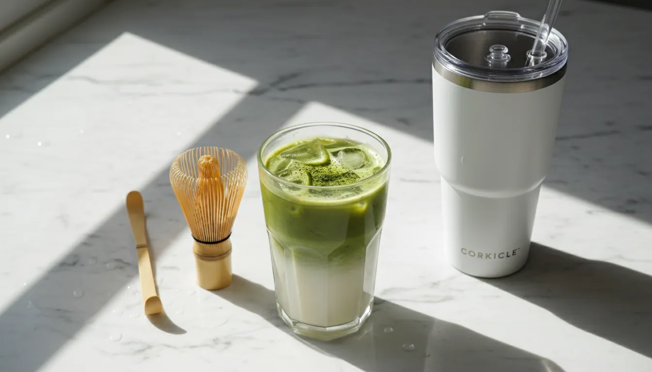 16:9 overhead photo of a bright iced matcha latte in a clear cup with layered milk and matcha, bamboo whisk (chasen), matcha scoop, and a Corkcicle Cold Cup nearby on a marble counter; natural daylight; alt text: matcha beverages iced matcha latte recipe in insulated cup
