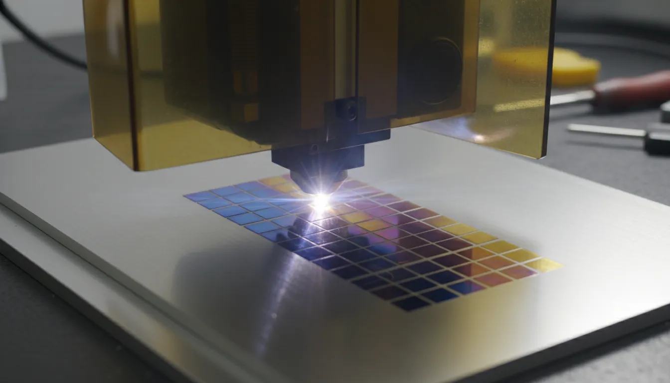 16:9 close-up of a MOPA fiber galvo laser marking stainless steel in vivid annealed colors (blue/gold/purple), with visible beam path enclosure and a color test grid plate; alt text: mopa laser color engraving on stainless steel