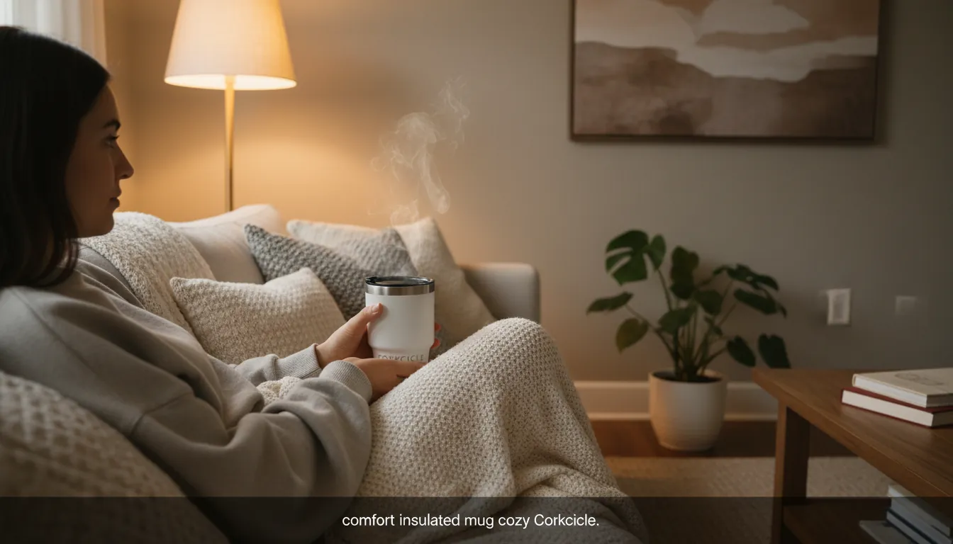 16:9 lifestyle scene of a person on a couch with a soft blanket, holding a Corkcicle insulated mug with visible steam, warm lamp lighting, neutral cozy home decor; alt text: comfort insulated mug cozy routine Corkcicle