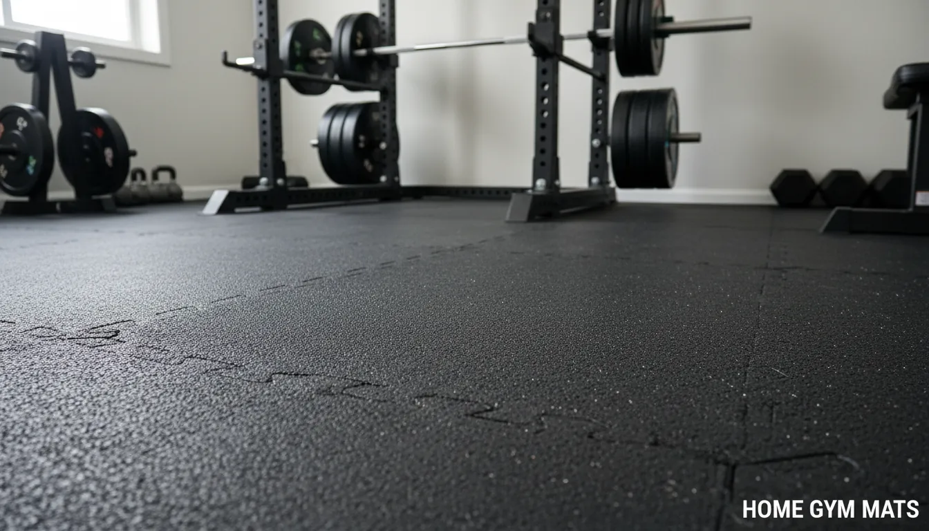 16:9 photo of a home gym with a power rack, barbell, bumper plates, and thick rubber mats for gym flooring; close-up on textured rubber surface and tight seams; alt text: mats for gym rubber flooring home gym mats