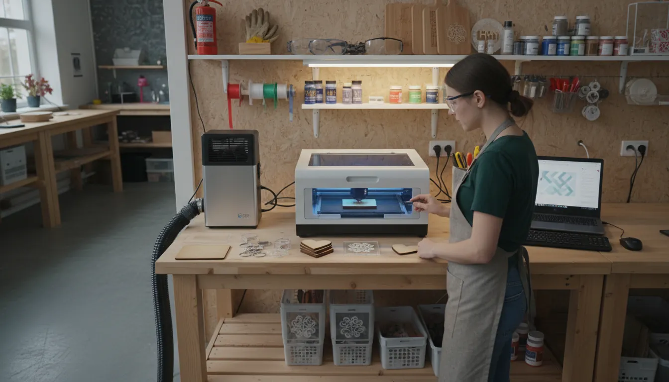16:9 workshop scene showing a maker using a desktop laser cutter to personalize crafts-store blanks (wood and acrylic) with a laptop running design software; include air purifier and safety setup; alt text: crafts stores blanks personalized with laser cutter engraving for small business