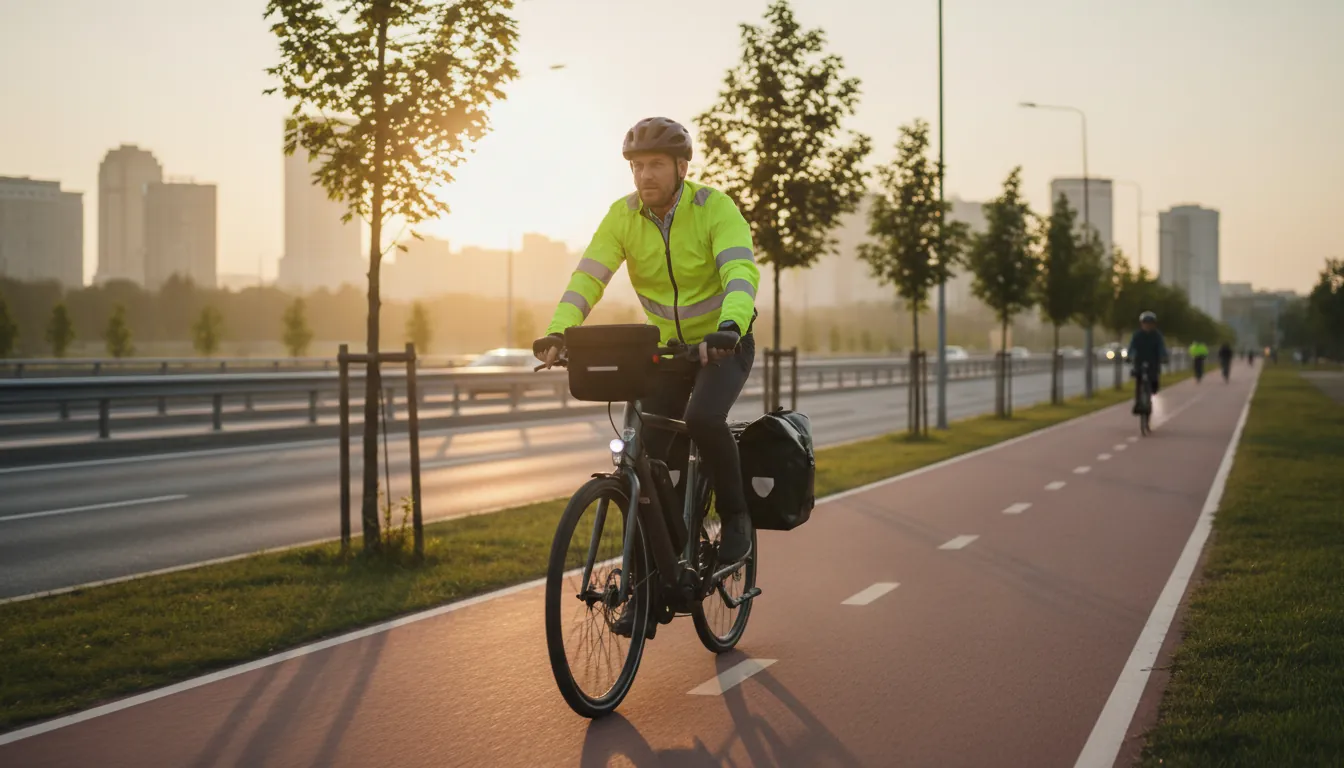 16:9 photo-real scene of a professional commuter riding a sleek e-bike for commuting in a protected bike lane at sunrise, wearing a helmet and reflective jacket, with panniers and integrated lights visible; alt text: e-bike for commuting city commuter e-bike daily ride
