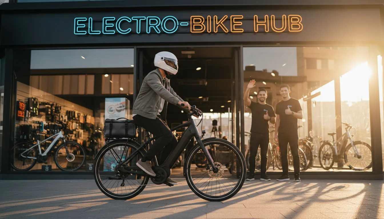 A commuter leaving a bike store at golden hour on an electric bike with fitted helmet and rear rack, storefront sign visible, friendly staff waving; 16:9 lifestyle photo; alt text: bike stores electric bike test ride commuter setup