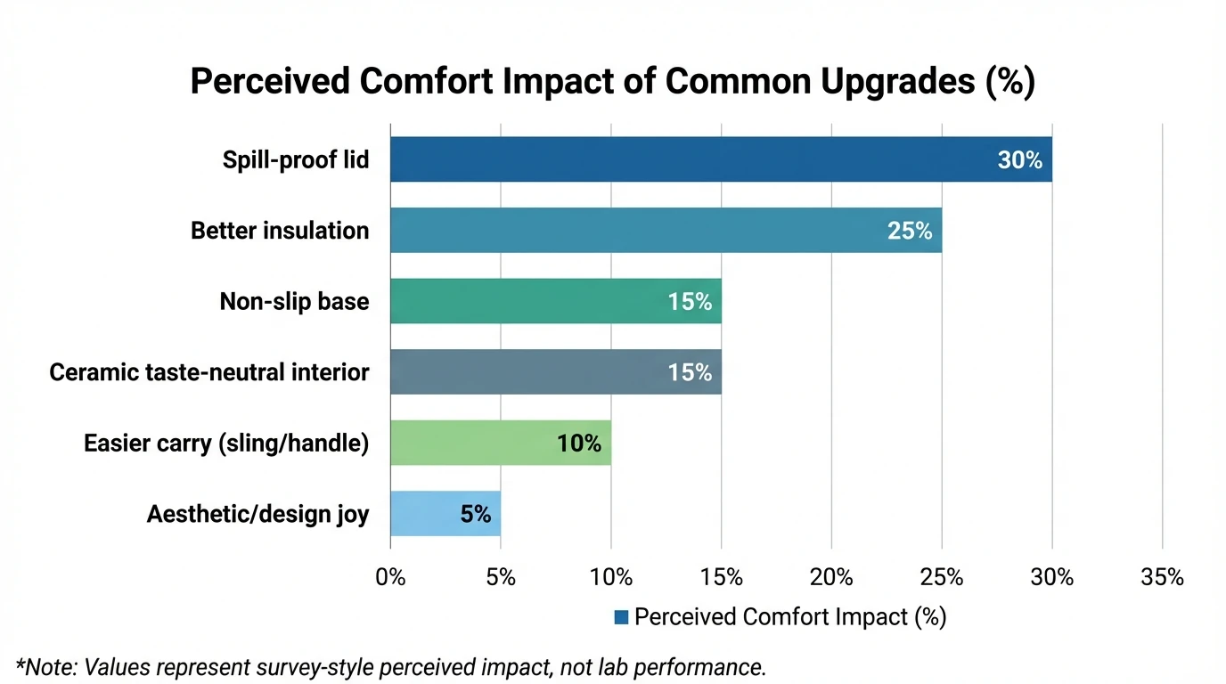 Bar chart showing perceived comfort impact (%) of common upgrades—Spill-proof lid 30%, Better insulation 25%, Non-slip base 15%, Ceramic taste-neutral interior 15%, Easier carry (sling/handle) 10%, Aesthetic/design joy 5%; include note that values represent survey-style perceived impact, not lab performance