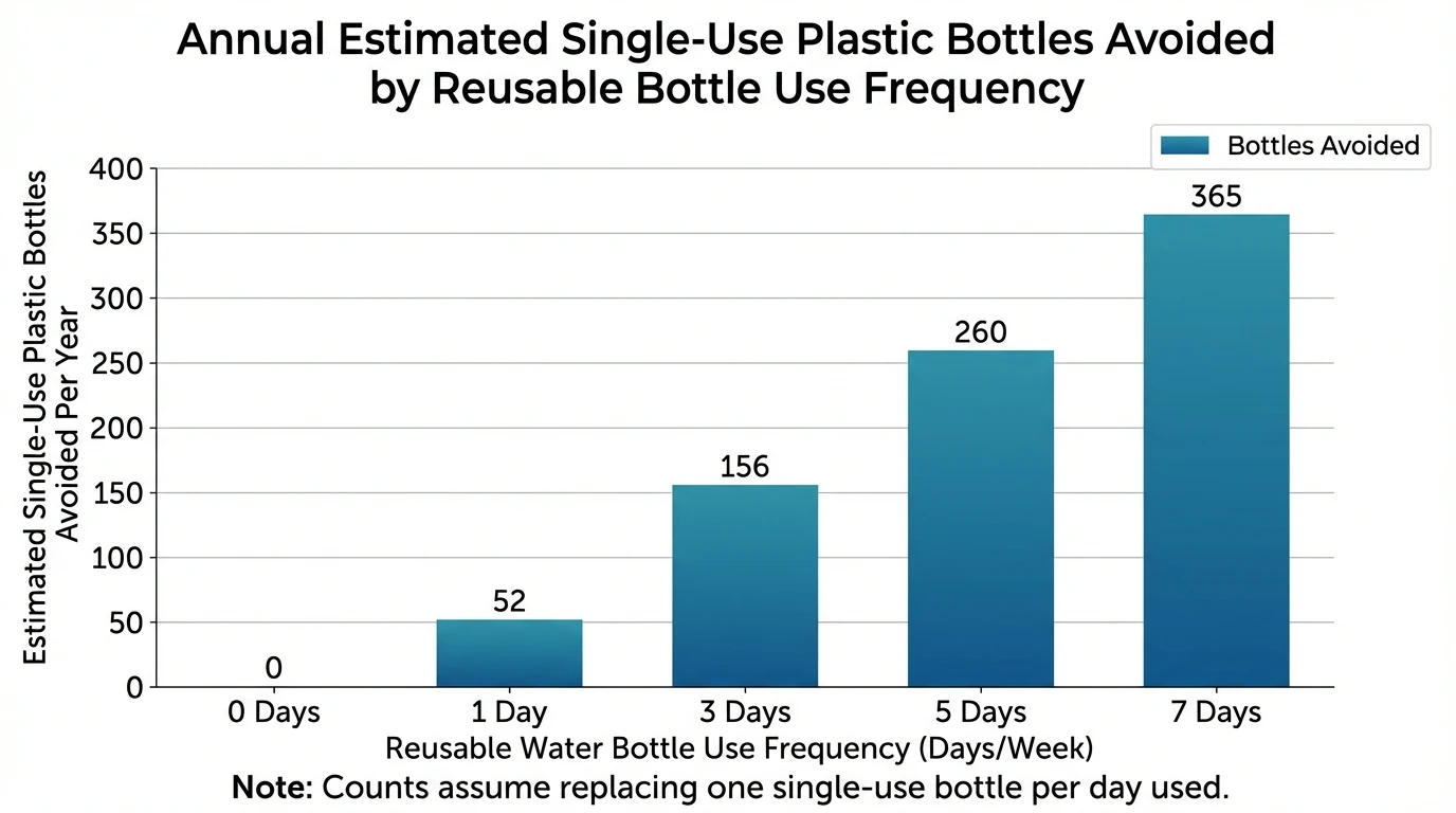 Bar chart showing estimated single-use plastic bottles avoided per year by reusable water bottle use frequency; data description: 0 days/week=0 bottles, 1 day/week=52, 3 days/week=156, 5 days/week=260, 7 days/week=365; include note that counts assume replacing one single-use bottle per day used