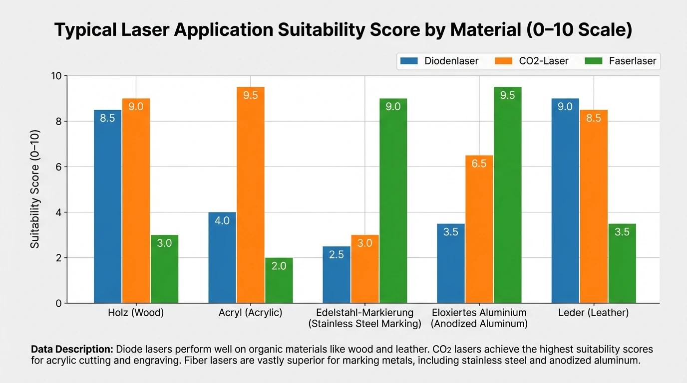Bar chart showing typical application suitability score (0–10) for Diodenlaser, CO2-Laser, Faserlaser across materials: Holz, Acryl, Edelstahl-Markierung, eloxiertes Aluminium, Leder. Include brief data description: Diode high on wood/leather, CO2 highest on acrylic, fiber highest on metal marking.