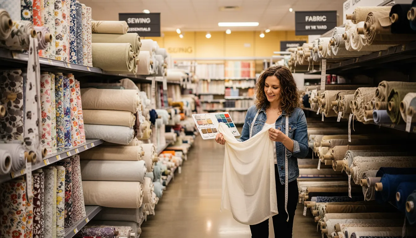 Fabric store aisle with neatly stacked bolts of cotton, fleece, and canvas; a maker holding a swatch card and measuring drape under warm retail lighting, 16:9. Alt text: joann’s fabric alternatives, fabric by the yard, sewing fabric shopping