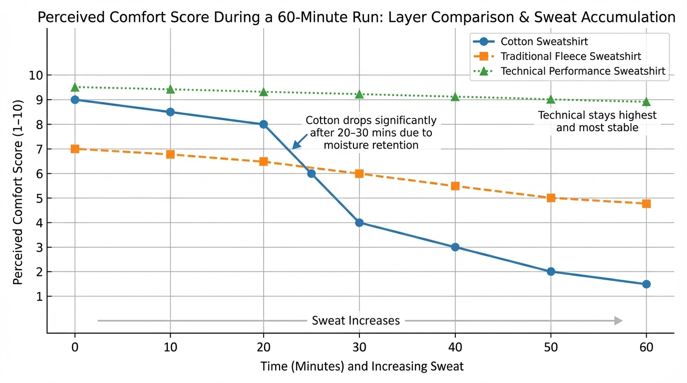 Line chart showing perceived comfort score (1–10) over a 60-minute run for three layers—cotton sweatshirt, traditional fleece sweatshirt, technical performance sweatshirt—across time as sweat increases; describe that cotton drops after 20–30 minutes due to moisture retention, fleece stays moderate, technical stays highest and most stable