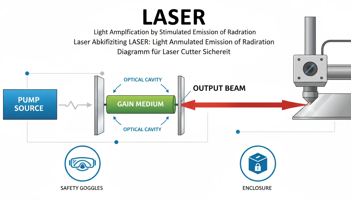 16:9, clean infographic-style diagram of a laser system: pump source, gain medium, mirrors, output beam, plus safety icons for goggles and enclosure; alt text="Laser Abkürzung LASER: Light Amplification by Stimulated Emission of Radiation Diagramm für Laser Cutter Sicherheit"