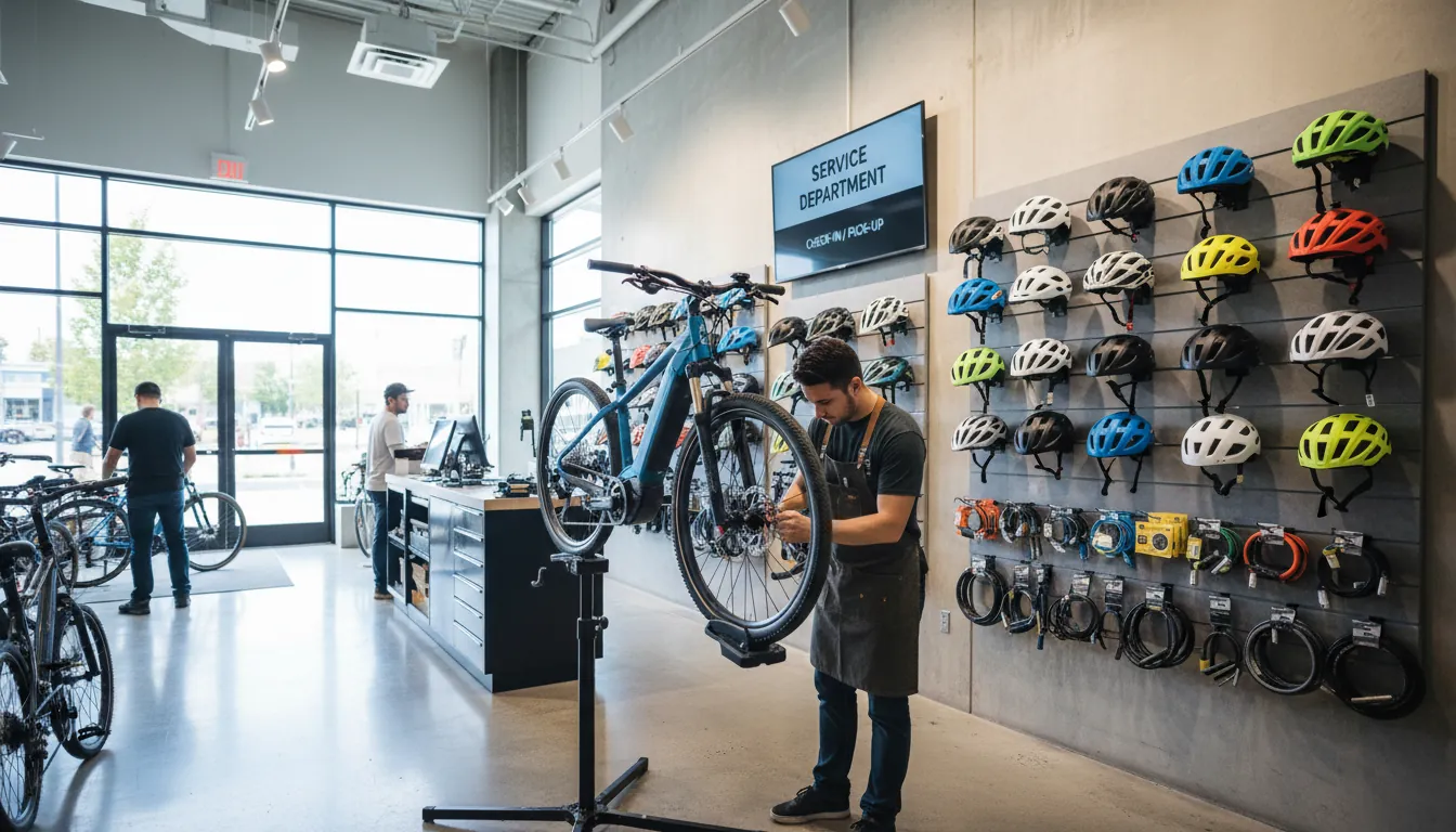 A bright, modern bike store service counter with an ebike on a repair stand, mechanic checking brake alignment, wall of helmets and locks behind; 16:9 photo, documentary style; alt text: bike stores ebike service and repair counter