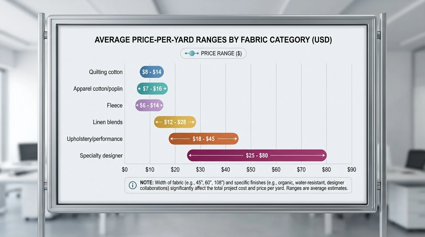 Bar chart showing average price-per-yard ranges by fabric category—Quilting cotton ($8–$14), Apparel cotton/poplin ($7–$16), Fleece ($6–$14), Linen blends ($12–$28), Upholstery/performance ($18–$45), Specialty designer ($25–$80); include notes that width and finish affect total project cost