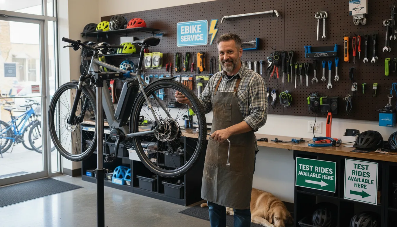16:9 photo of a friendly local bicycle shop service counter with a mechanic inspecting an ebike on a stand, tools neatly organized, visible signage for “ebike service” and “test rides”; alt text: bicycle shops near me ebike service test ride