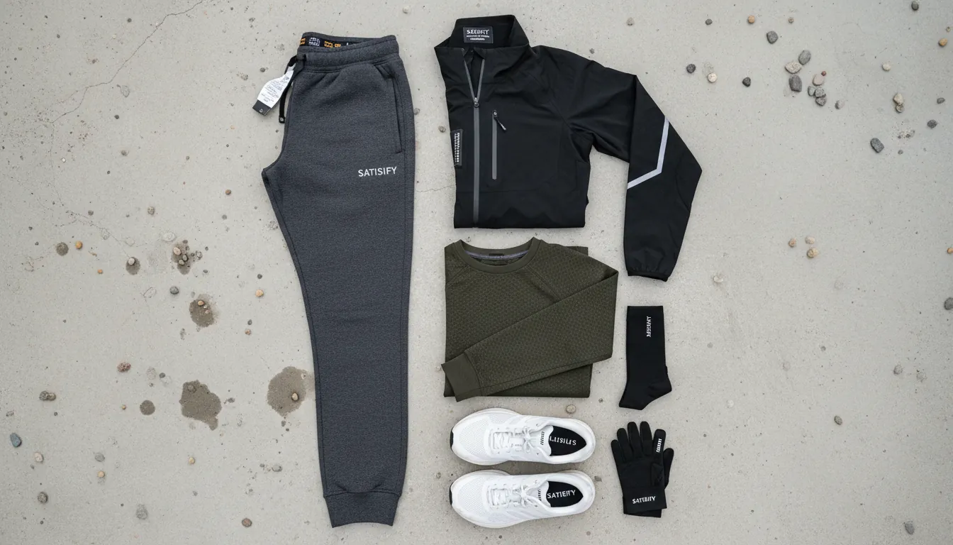 Flat-lay of premium sweatpants outfit with technical running jacket, base layer, socks, gloves, and SATISFY TheROCKER shoes; fabric labels and texture details visible; 16:9 ratio; alt text: premium sweatpants outfit, sweatpants styling, SATISFY running apparel