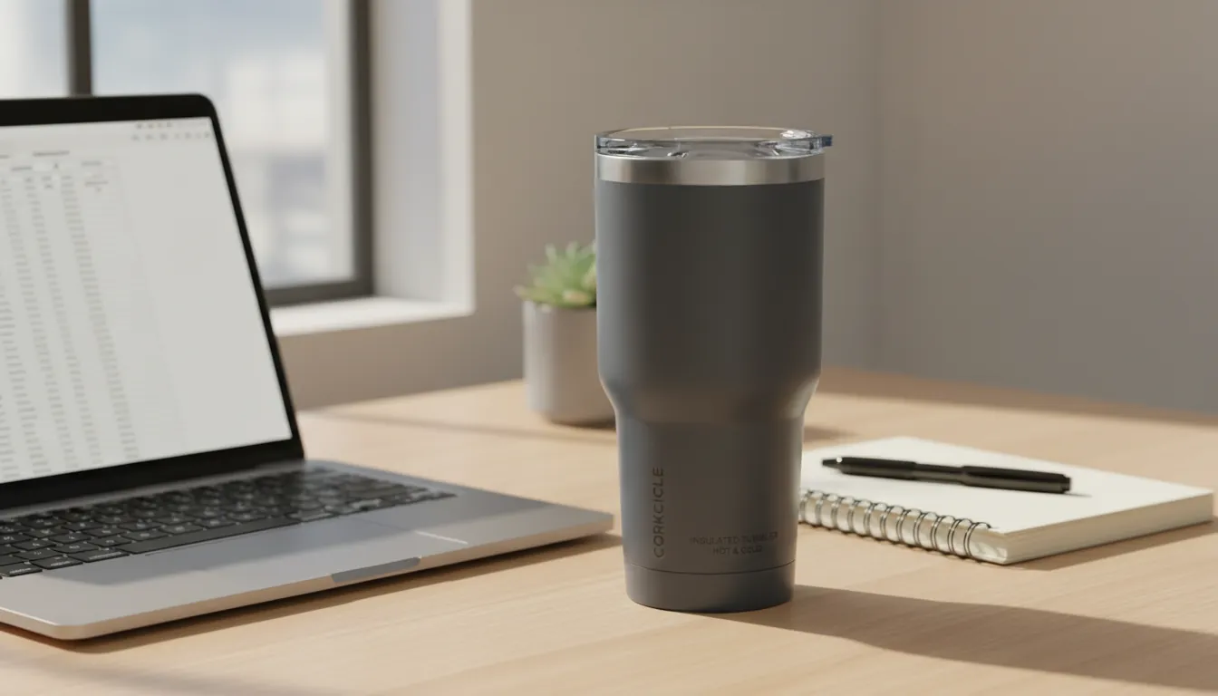 16:9 lifestyle photo of a sleek insulated tumbler on an office desk next to a laptop and notebook, condensation-free exterior visible, lid in place; alt text: insulated tumblers for coffee and cold drinks, Corkcicle tumbler